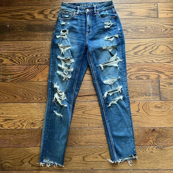 American Eagle High waisted ripped denim Jeans size 0 C17 - Picture 2 of 7